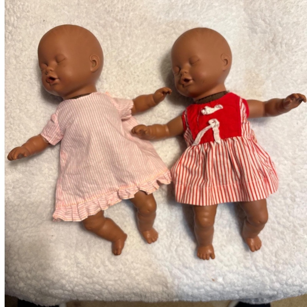 2 African American Vintage Hong Kong City Toys Sleeping Baby Dolls w/ clothes